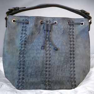 David Jones Paris Gray Hobo Bag Faux Leather Croc Embossed Boho Shoulder Bag